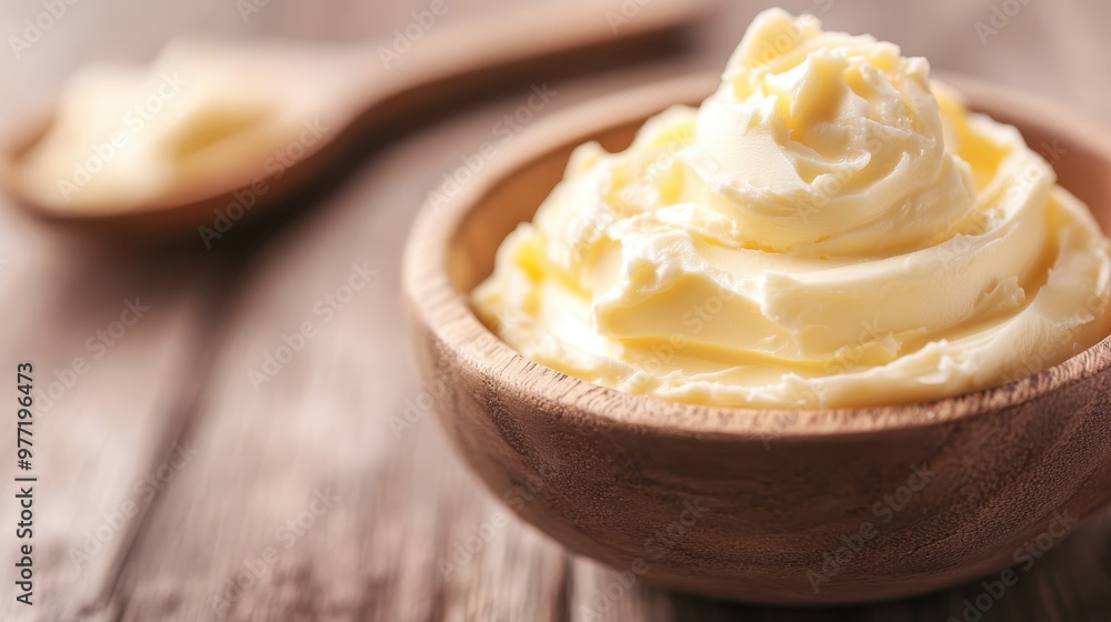 A close-up of smooth, creamy butter heaped in a rustic wooden bowl, placed on a wooden surface. The image highlights the texture and rich, creamy appearance of the butter. A close-up of smooth, creamy butter heaped in a rustic wooden bowl, placed on a wooden surface. The image highlights the texture and rich, creamy appearance of the butter.