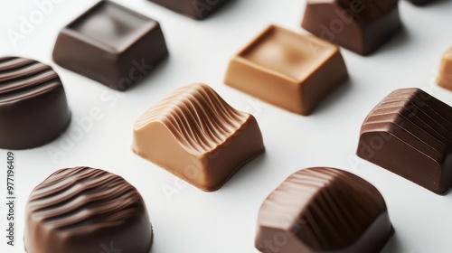 A close-up of uniquely shaped chocolates in modern, minimalistic packaging, displayed on a crisp white background