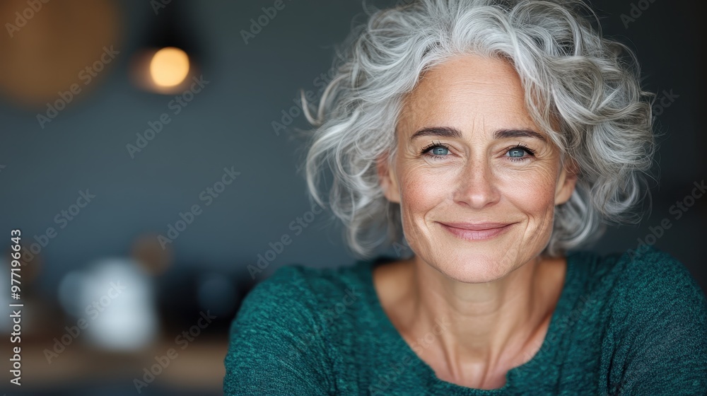 A joyful gray-haired woman in a teal blouse glows with happiness in a cozy setting, encapsulating the beauty and grace of aging with cheerful warmth. A joyful gray-haired woman in a teal blouse glows with happiness in a cozy setting, encapsulating the beauty and grace of aging with cheerful warmth.