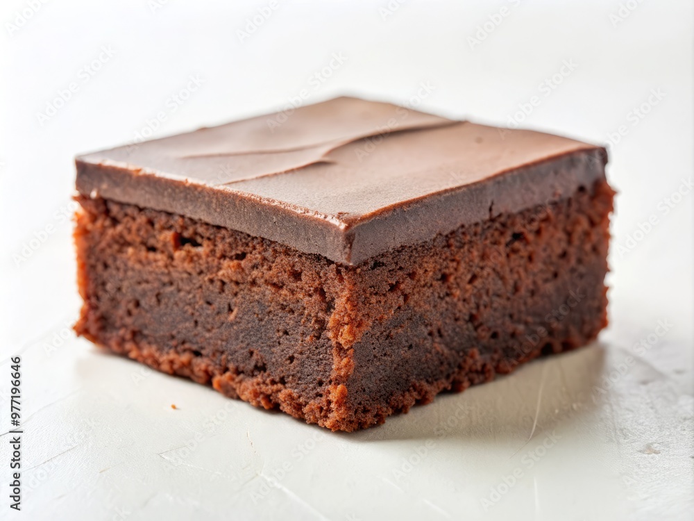 Square-cut piece of kladdkaka cake, with a dense, fudgy center and a subtle sheen, arranged on a fresh white background with ample negative space. Square-cut piece of kladdkaka cake, with a dense, fudgy center and a subtle sheen, arranged on a fresh white background with ample negative space.