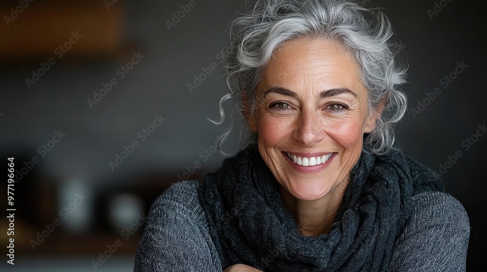 A joyful woman with gray curls in a cozy scarf, smiling warmly against a muted background, conveying a sense of warmth and wise contentment. A joyful woman with gray curls in a cozy scarf, smiling warmly against a muted background, conveying a sense of warmth and wise contentment.