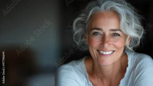 An elderly woman with gray hair smiles brightly, radiating warmth and positivity, capturing the essence of joyful aging in an intimate interior setting. photo