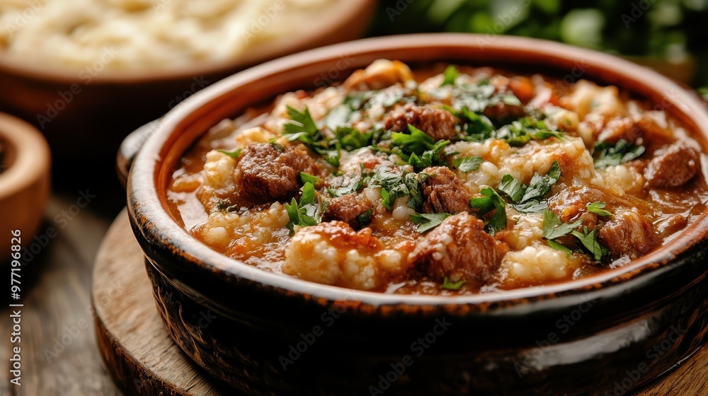 A hearty beef stew filled with tender chunks of beef, vegetables, and herbs, served in a rustic bowl, showcasing the rich, comforting flavors, ideal for a cozy meal. A hearty beef stew filled with tender chunks of beef, vegetables, and herbs, served in a rustic bowl, showcasing the rich, comforting flavors, ideal for a cozy meal.