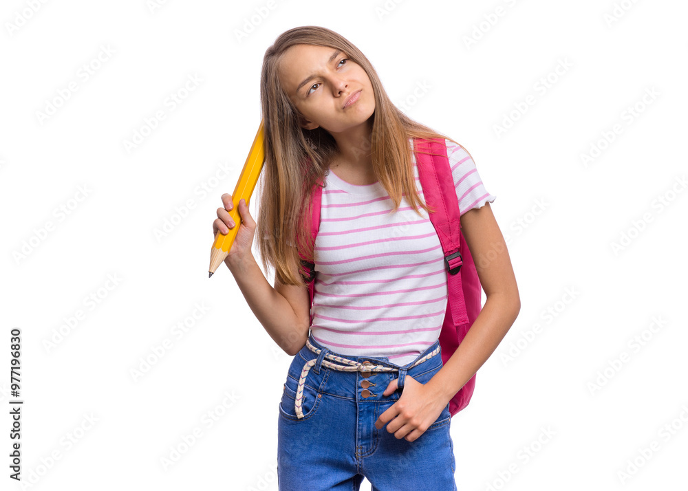 Teen girl holding a large yellow pencil and looking thoughtful, isolated on white background. Teen girl holding a large yellow pencil and looking thoughtful, isolated on white background.