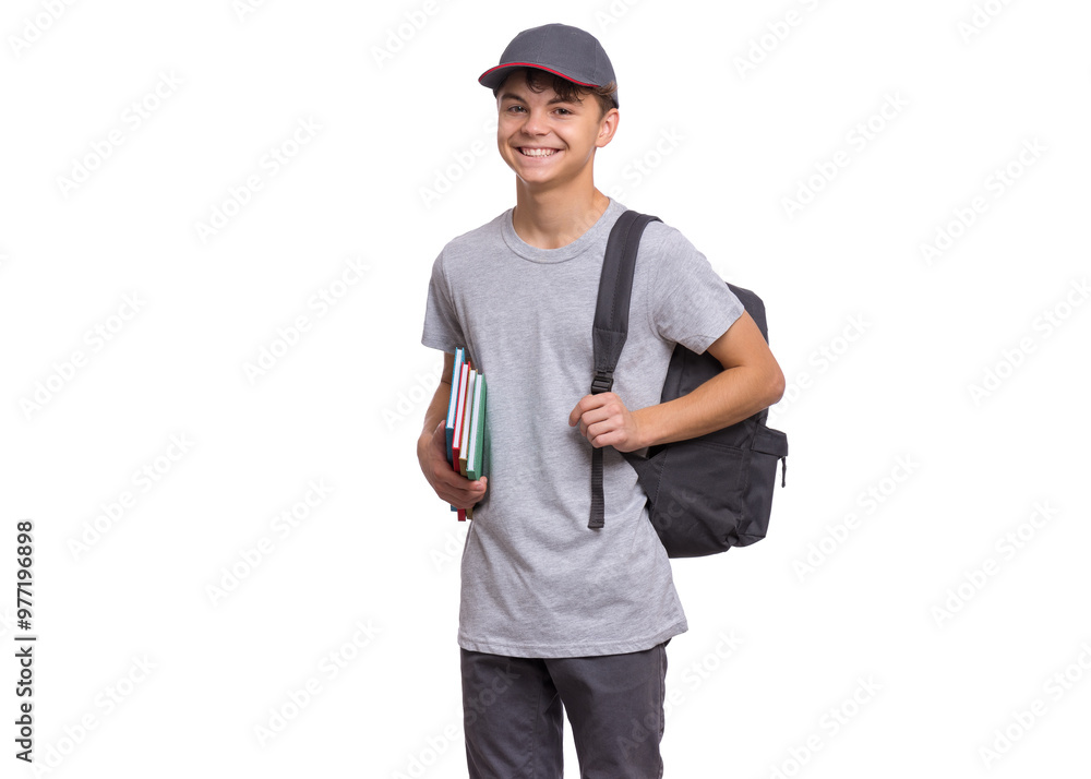 Teen boy in a gray T-shirt and cap, holding books and wearing a backpack, smiling, isolated on white background. Teen boy in a gray T-shirt and cap, holding books and wearing a backpack, smiling, isolated on white background.