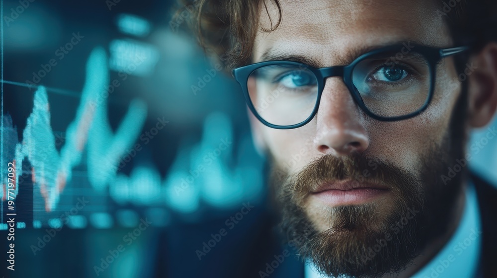 Serious-looking man with beard and glasses, standing in front of financial graphs, wearing a formal suit, suggesting focus and analytical thinking. Serious-looking man with beard and glasses, standing in front of financial graphs, wearing a formal suit, suggesting focus and analytical thinking.