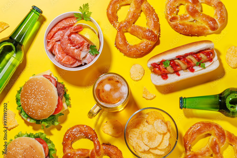 custom made wallpaper toronto digitalA vibrant photo showcasing a glass of beer surrounded by various snacks and fast food