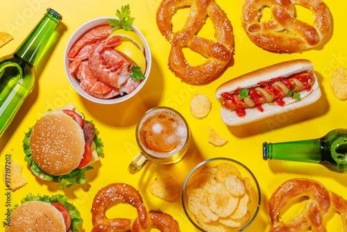 Wallpaper Mural A vibrant photo showcasing a glass of beer surrounded by various snacks and fast food Torontodigital.ca