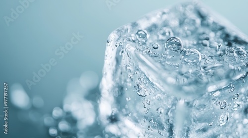 An intricate close-up shot of an ice cube with bubbles trapped inside, showcasing the purity and beauty of the frozen form, with a focus on its transparency.