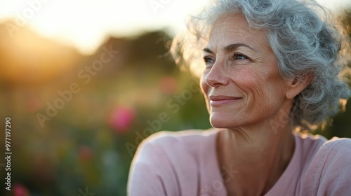Fototapeta Naklejka Na Ścianę i Meble -  The image shows an elderly woman with gray hair smiling softly while sitting in a garden at sunset, surrounded by blurred flowers in the background.