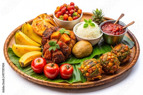 Traditional Ghanaian street food served with fresh fruits, isolated on white