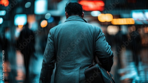 A man wearing a coat is walking with a bag in hand through a city during a rainy night, with lights and signs blurred in the background, creating a moody atmosphere.