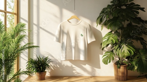 3D render of an eco-friendly T-shirt, organic cotton texture, hanging on a bamboo hanger, minimalist background photo