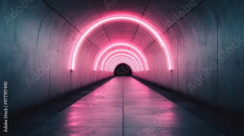 An empty smooth-surfaced tunnel is illuminated by bright pink neon lights forming arcs along its length, giving it a geometric and modern design sensation. photo