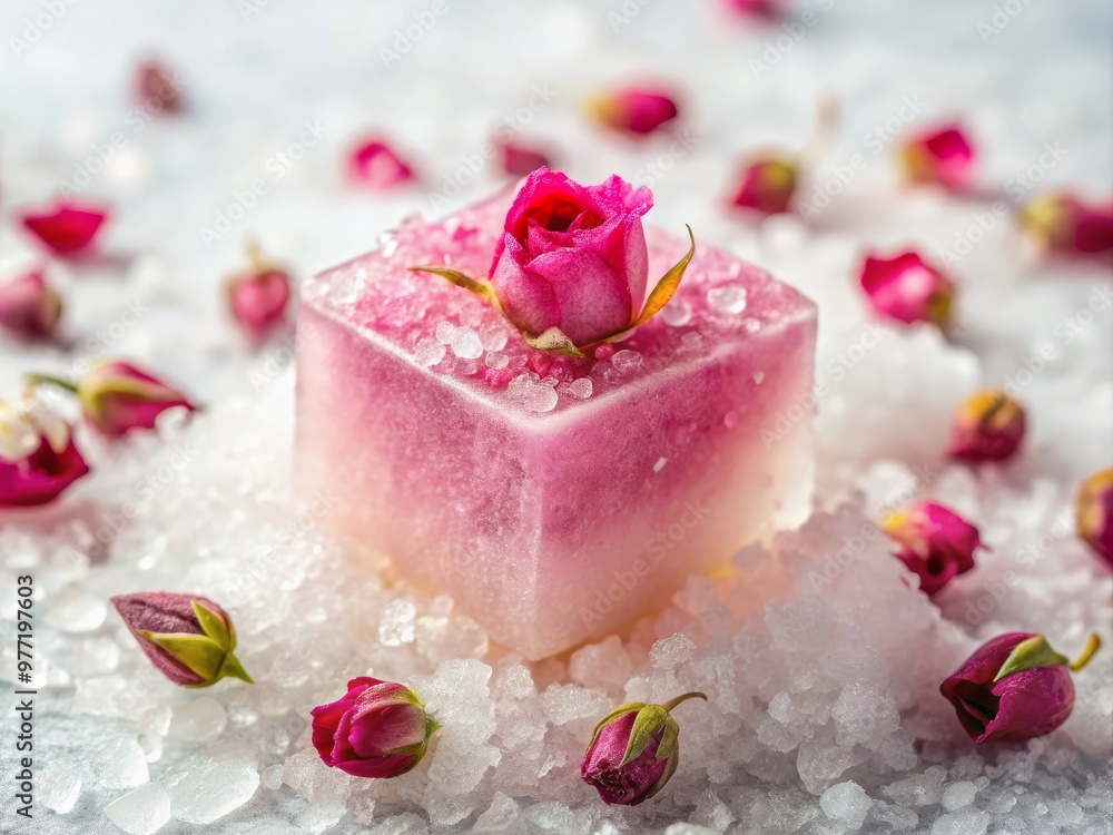Rosy-hued Lokum, infused with the essence of rosewater, resting on a bed of crushed ice, against a snow-white background Rosy-hued Lokum, infused with the essence of rosewater, resting on a bed of crushed ice, against a snow-white background