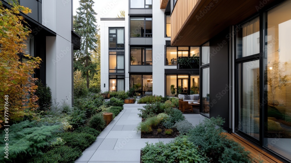 A beautifully landscaped modern courtyard featuring a lush garden with various plants and trees, bordered by sleek, stylish apartment buildings designed with large windows. A beautifully landscaped modern courtyard featuring a lush garden with various plants and trees, bordered by sleek, stylish apartment buildings designed with large windows.