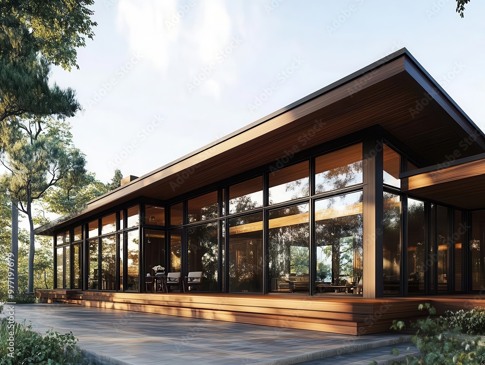 A high-angle view of a midcentury house with elegant teak exterior accents A high-angle view of a midcentury house with elegant teak exterior accents