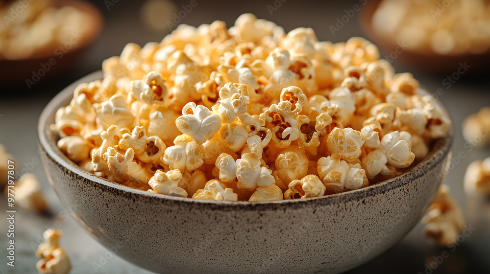 A bowl of golden, crunchy caramel popcorn on grey background A bowl of golden, crunchy caramel popcorn on grey background