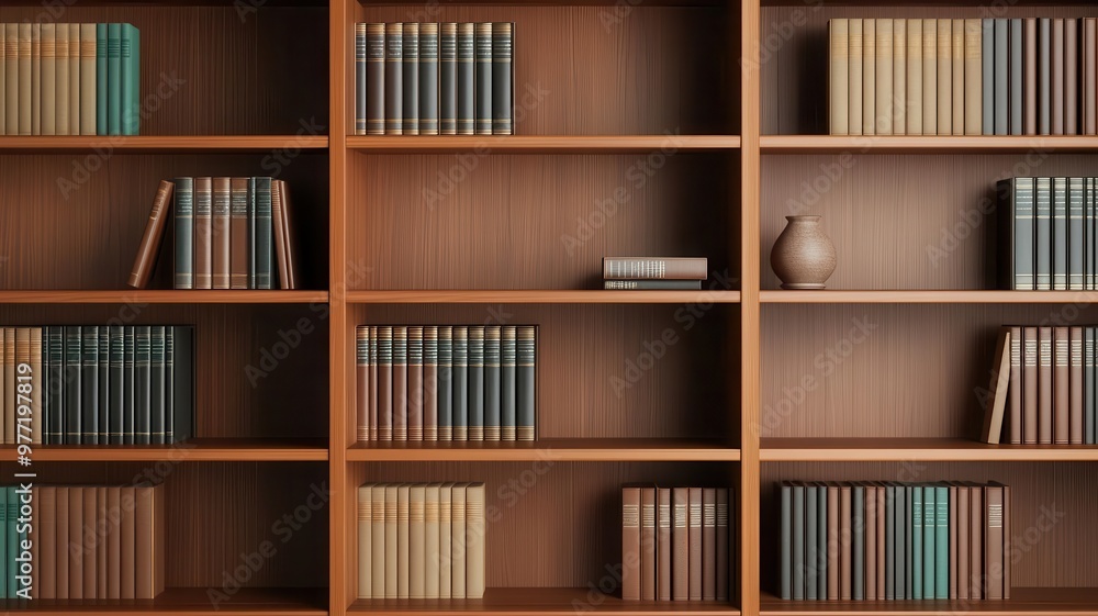 Detailed close-up of a teak bookshelf in midcentury modern style Detailed close-up of a teak bookshelf in midcentury modern style