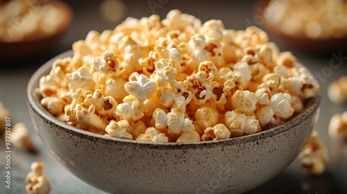 A bowl of golden, crunchy caramel popcorn on grey background