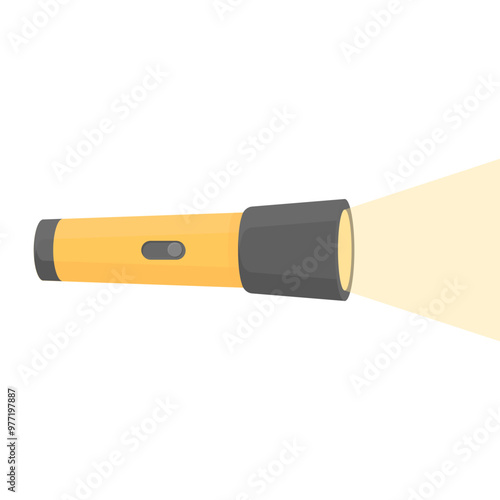Hand-held flashlight with a burning light in cartoon style on a white isolated background. Flashlight for hiking