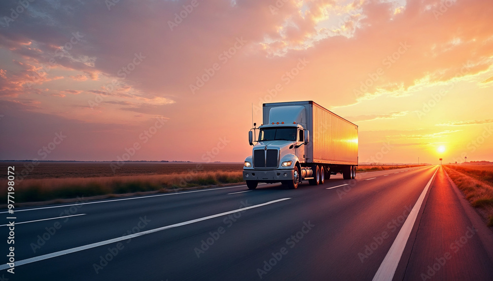 White trailer truck on empty roads at sunset with light trails, ideal for ads or promotions.
White trailer truck on empty roads at sunset with light trails, ideal for ads or promotions.