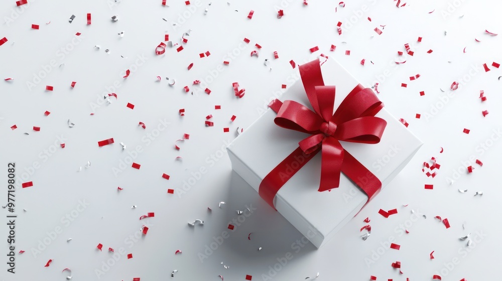 White Gift Box with Red Ribbon and Confetti White Gift Box with Red Ribbon and Confetti