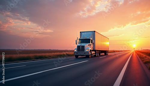 White trailer truck on empty roads at sunset with light trails, ideal for ads or promotions.






