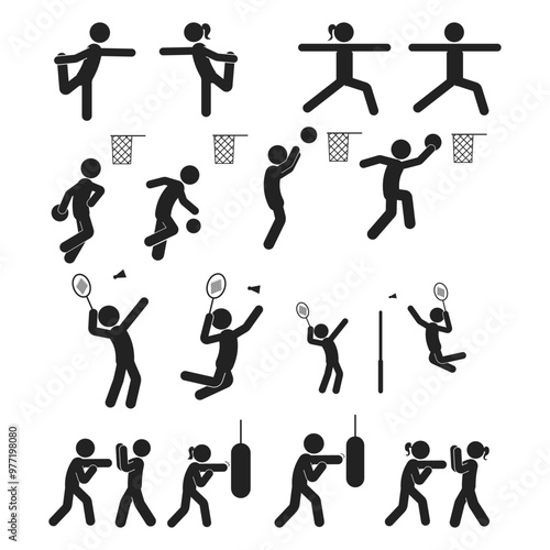Bundle isolated pictogram yoga, warm up, badminton, basket ball, boxing sign