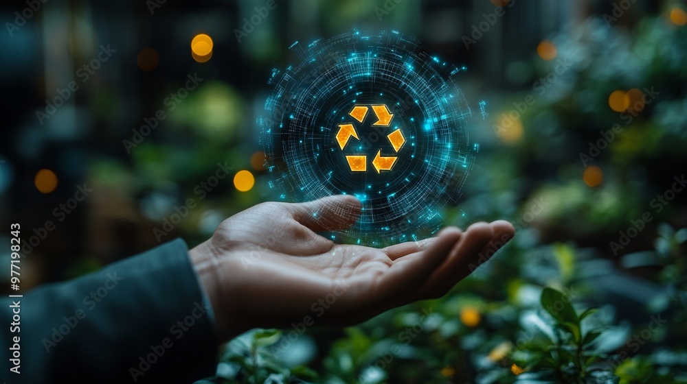 Fototapeta premium Businessman holding circular economy symbol on virtual screen. sustainable development growth business earning profit and environment reservation.