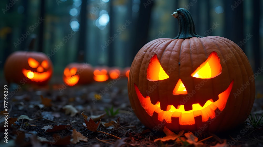 Halloween pumpkins glowing in the dark forest. Scary Halloween background. Generative AI Halloween pumpkins glowing in the dark forest. Scary Halloween background. Generative AI