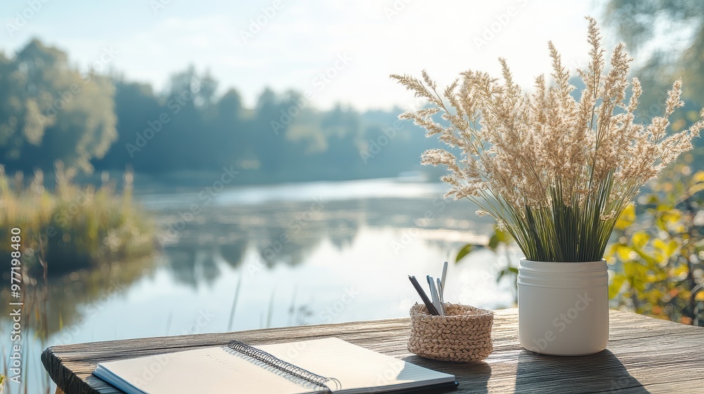 Fototapeta premium 2025 calendar mockup, serene river view, soft pastels, modern and clean design, natural beauty
