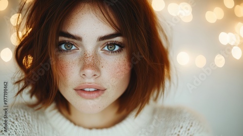 This portrait highlights a freckled young woman looking directly at the camera, surrounded by specifically focused delicate light bokeh, creating an artistic effect. photo