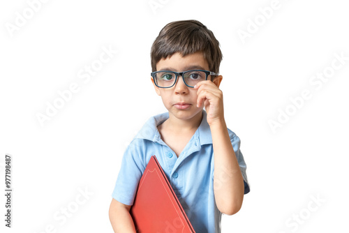 Portrait of small clever minded boy hand touch eyeglasses hold book isolated on white background, empty space. Learning concept