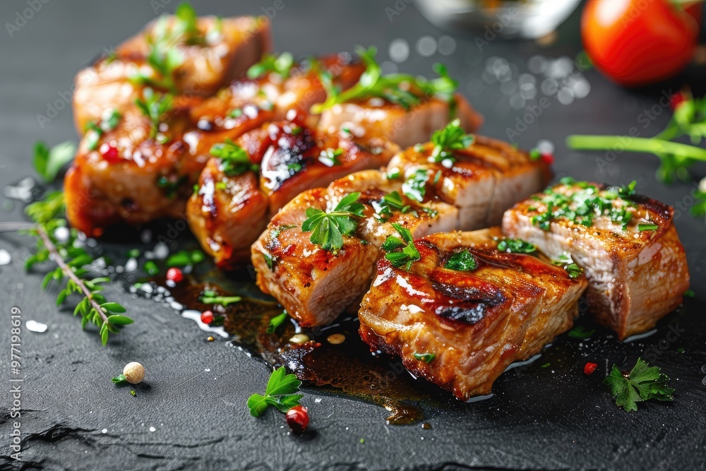 Grilled meat with herbs on black surface. Perfect for illustrating cooking blogs, recipes, or food articles. Grilled meat with herbs on black surface. Perfect for illustrating cooking blogs, recipes, or food articles.