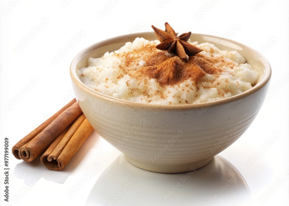 Rice pudding, often flavored with cinnamon and sugar, isolated on white Background': Rice pudding, often flavored with cinnamon and sugar, isolated on white Background':