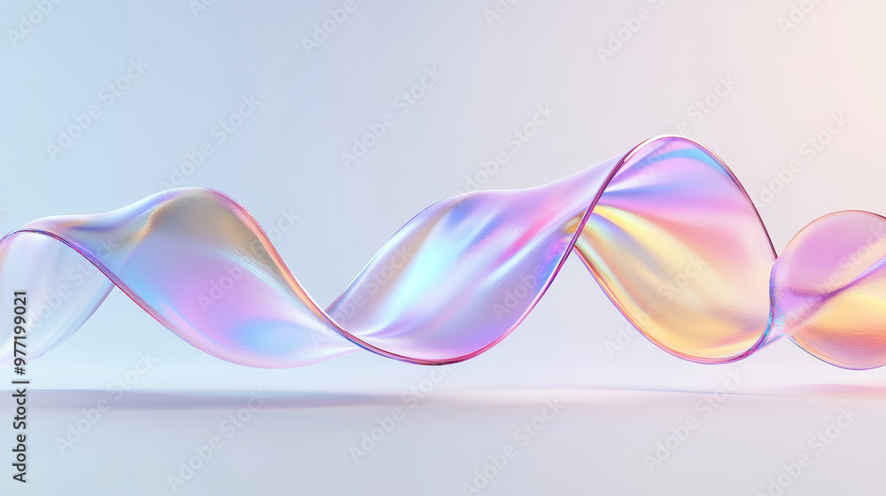 “3D abstract liquid glass transparent clear ribbon wave line rendered with a rainbow fluid flow curve shape. Features dispersion light and a holographic gradient texture, “3D abstract liquid glass transparent clear ribbon wave line rendered with a rainbow fluid flow curve shape. Features dispersion light and a holographic gradient texture,