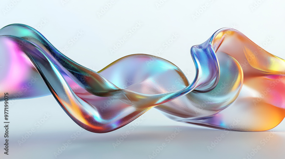 “3D abstract liquid glass transparent clear ribbon wave line rendered with a rainbow fluid flow curve shape. Features dispersion light and a holographic gradient texture, “3D abstract liquid glass transparent clear ribbon wave line rendered with a rainbow fluid flow curve shape. Features dispersion light and a holographic gradient texture,