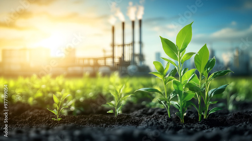 green grass and small plants in sunrise light, factory with a smoking chimneys in the background; copy space photo