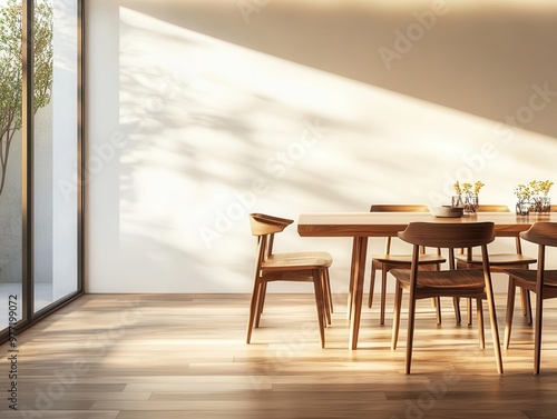 Teak wood dining room, wide-angle, midcentury modern style, warm natural lighting, detailed grain texture, realistic 3D render