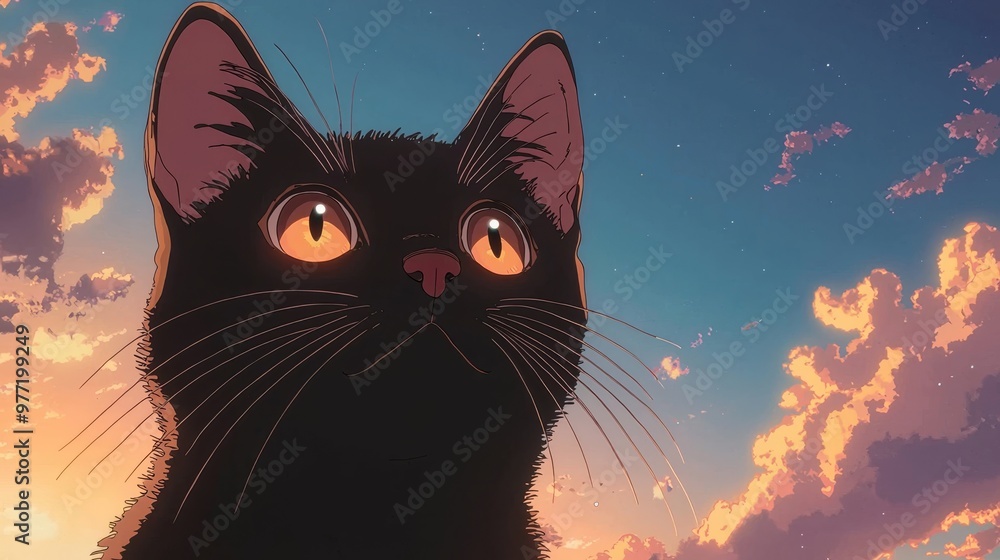 A curious cat with bright eyes staring at the horizon under a soft blue sky, Japanese animation background A curious cat with bright eyes staring at the horizon under a soft blue sky, Japanese animation background