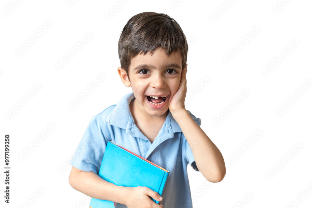 Portrait of small cute boy hold book isolated on white background. Learning concept Portrait of small cute boy hold book isolated on white background. Learning concept