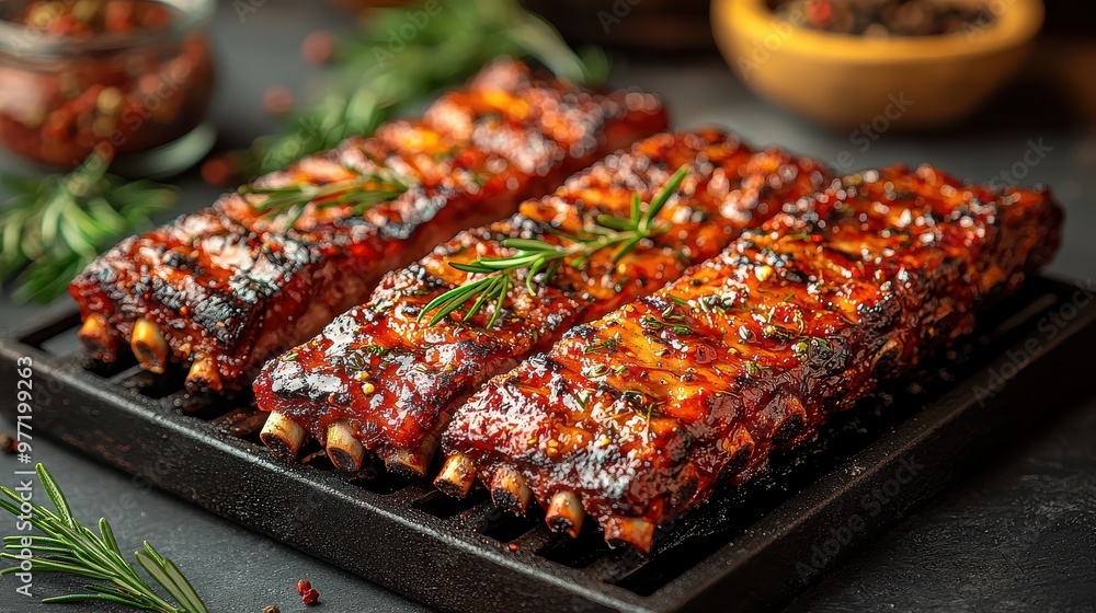 Barbecue Ribs with Herbs and Spices on Grey Background Barbecue Ribs with Herbs and Spices on Grey Background