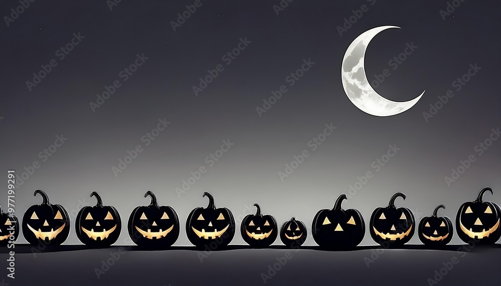 Simple Pumpkin Silhouettes with Crescent Moon. A Line of Black Jack O Lanterns at the Bottom, Each with Unique Expressions and Copy Space Above. Graphic art illustration Simple Pumpkin Silhouettes with Crescent Moon. A Line of Black Jack O Lanterns at the Bottom, Each with Unique Expressions and Copy Space Above. Graphic art illustration
