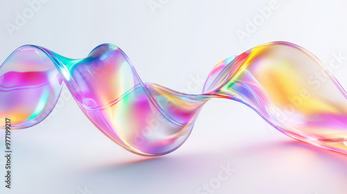 “3D abstract liquid glass transparent clear ribbon wave line rendered with a rainbow fluid flow curve shape. Features dispersion light and a holographic gradient texture, 