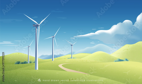 Hand painted horizontal illustration of a wind turbine on a green hillside under a blue sky