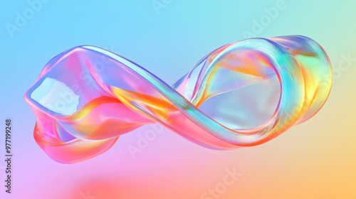 “3D abstract liquid glass transparent clear ribbon wave line rendered with a rainbow fluid flow curve shape. Features dispersion light and a holographic gradient texture, 