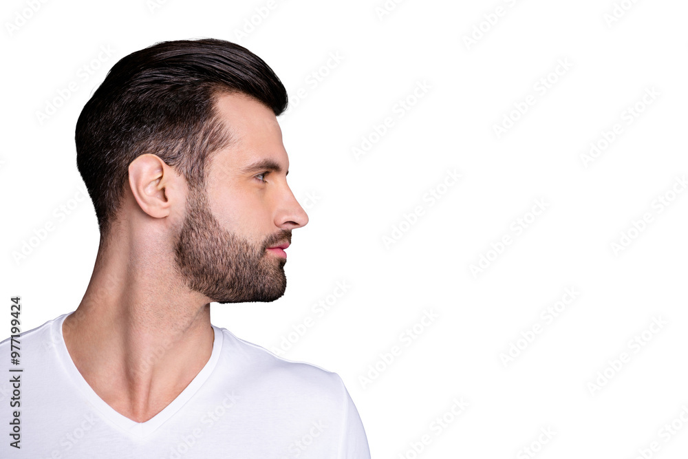 Profile side view photo of charming lovely attractive man look feel gorgeous concentrated focused isolated dressed white shirt t-shirt fashionable clothing grey background Profile side view photo of charming lovely attractive man look feel gorgeous concentrated focused isolated dressed white shirt t-shirt fashionable clothing grey background