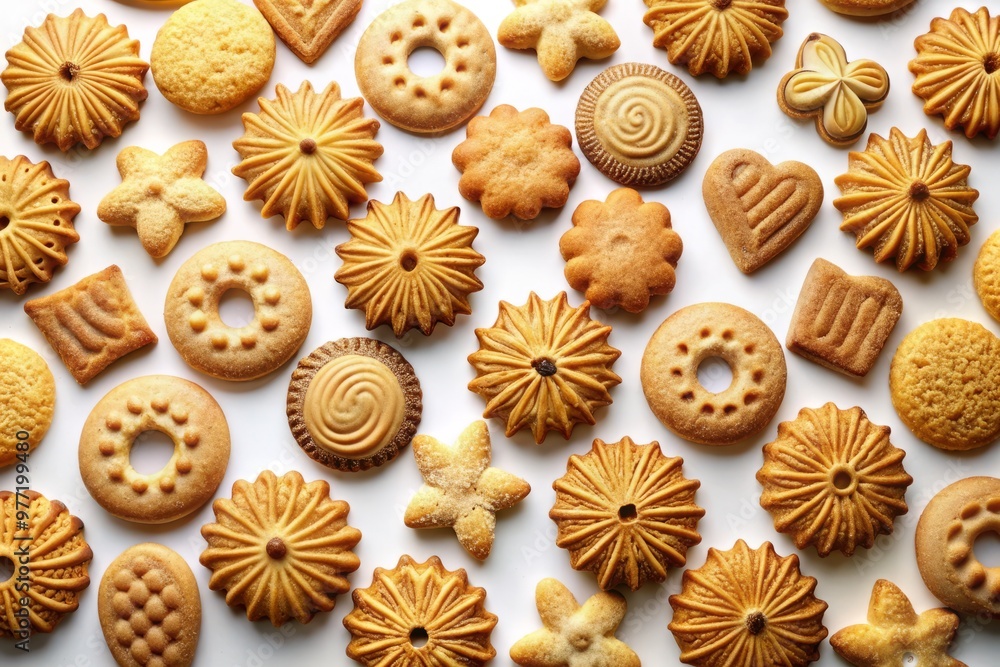 A collection of Melomelomako cookies in various shapes and sizes, scattered artfully across a clean white background to create a sense of abundance A collection of Melomelomako cookies in various shapes and sizes, scattered artfully across a clean white background to create a sense of abundance