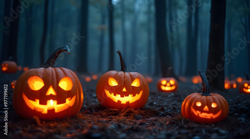 Halloween pumpkins glowing in the dark forest. Scary Halloween background. Generative AI